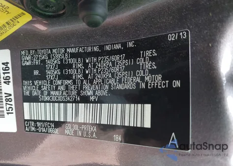 2013 Toyota Sienna Le V6 8 Passenger из США, поврежденный, VIN 5TDKK3DCXDS342714